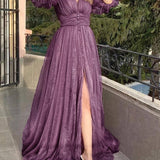 New Style Sexy Lace Purple Mesh Half Sleeved Prom Dresses