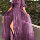 New Style Sexy Lace Purple Mesh Half Sleeved Prom Dresses