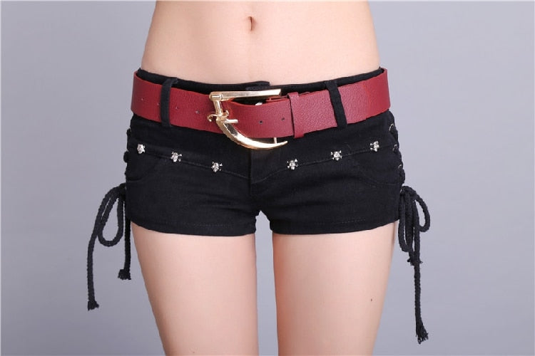 Punk Skull Low Waisted Lace-up White Thin Denim Shorts Goth Rock Sexy Women Shorts