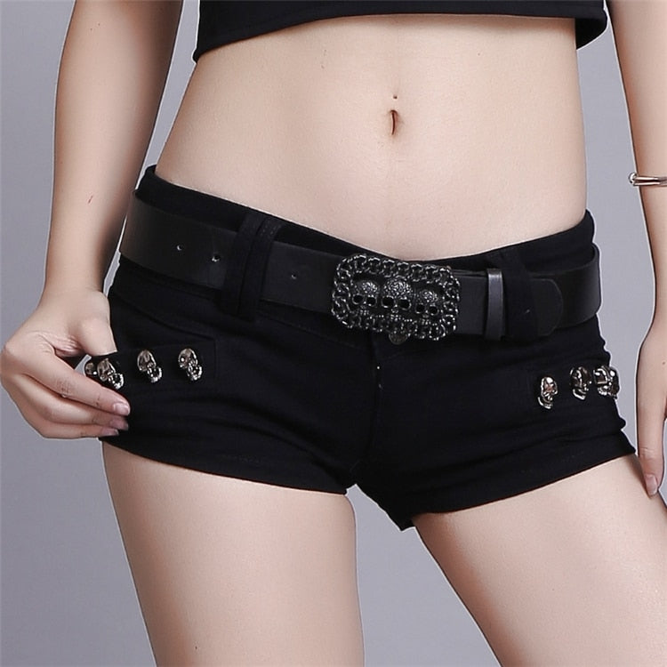 Punk Skull Low Waisted Lace-up White Thin Denim Shorts Goth Rock Sexy Women Shorts
