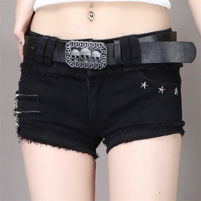 Punk Skull Low Waisted Lace-up White Thin Denim Shorts Goth Rock Sexy Women Shorts