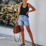 Women Casual Loose Elastic High Waist Wide Leg Straight Short Jeans Streetwear