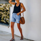 Women Casual Loose Elastic High Waist Wide Leg Straight Short Jeans Streetwear