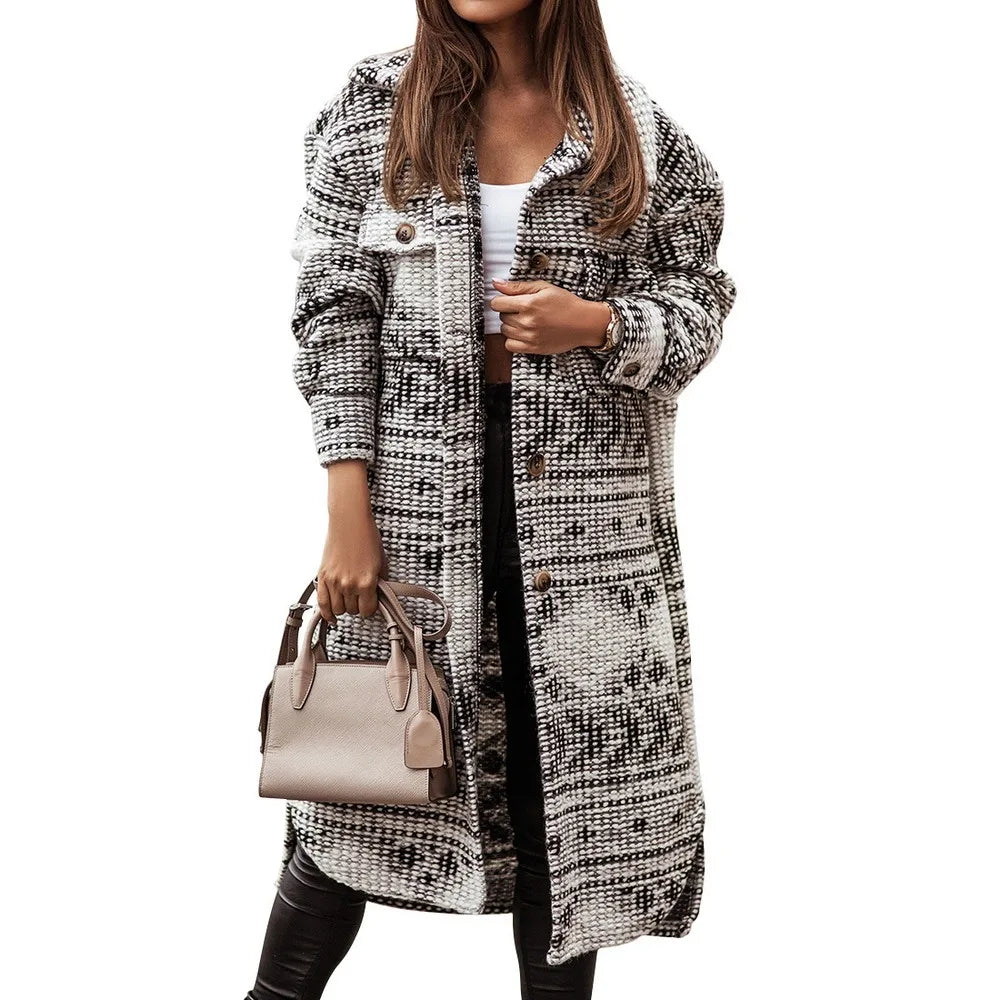 2025 Winter Women Jacket Turn Down Thin Plaid Long Oversize Thin Retro Female Streetwear Coat