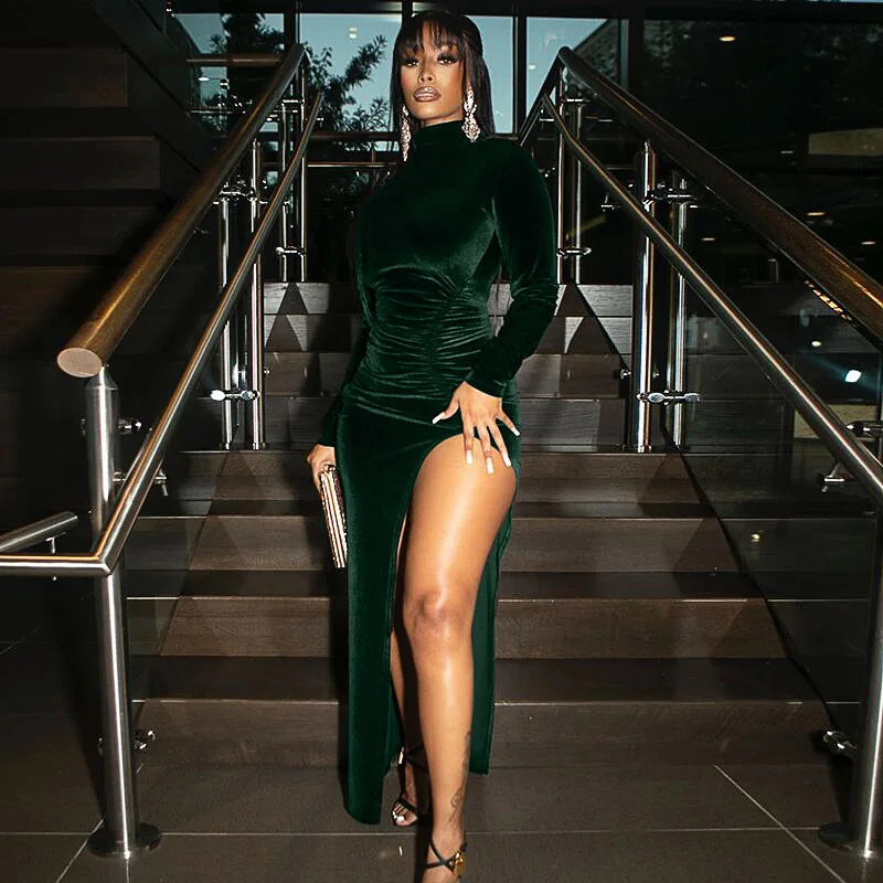2025 Autumn Winter Women Velvet Long Sleeve Ruched Side Slit Bodycon Sexy Streetwear Party Elegant Club Midi Dress