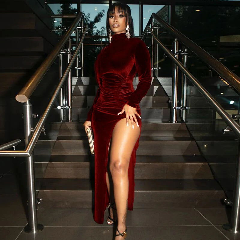 2025 Autumn Winter Women Velvet Long Sleeve Ruched Side Slit Bodycon Sexy Streetwear Party Elegant Club Midi Dress