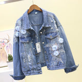 Flower Pearl Ripped Denim Jacket