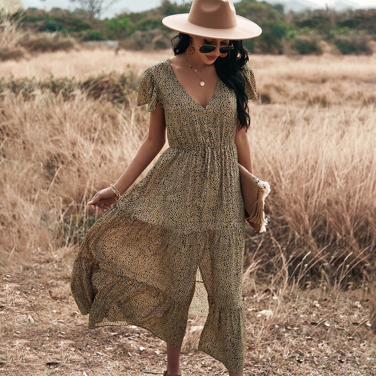 Dot Print Ruffles V Neck Draw String Button Dress