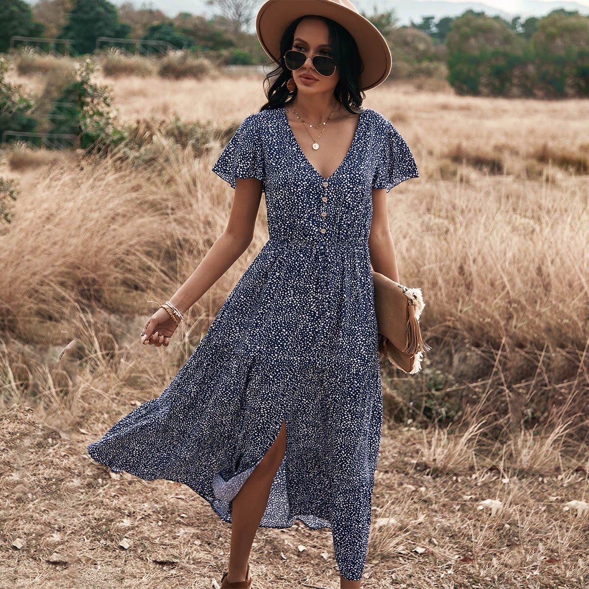 Dot Print Ruffles V Neck Draw String Button Dress