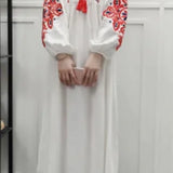Cotton Linen Embroidery A Neck Ruffle Sleeve Boho Dress