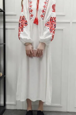 Cotton Linen Embroidery A Neck Ruffle Sleeve Boho Dress