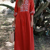 Cotton Linen Embroidery A Neck Ruffle Sleeve Boho Dress