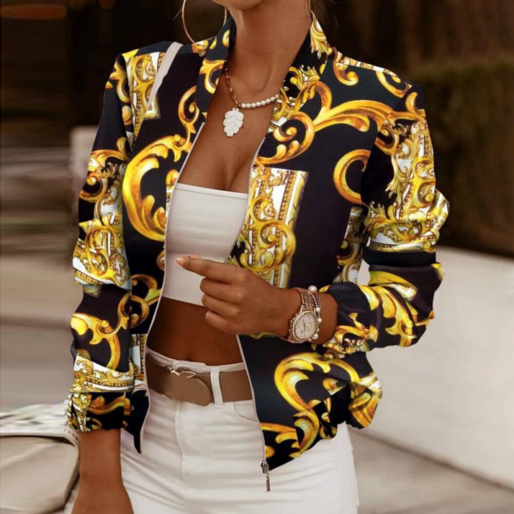 Flower Print Long Sleeve Bomber Jacket
