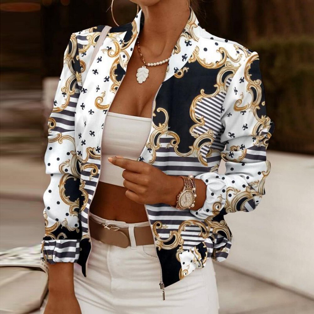 Flower Print Long Sleeve Bomber Jacket