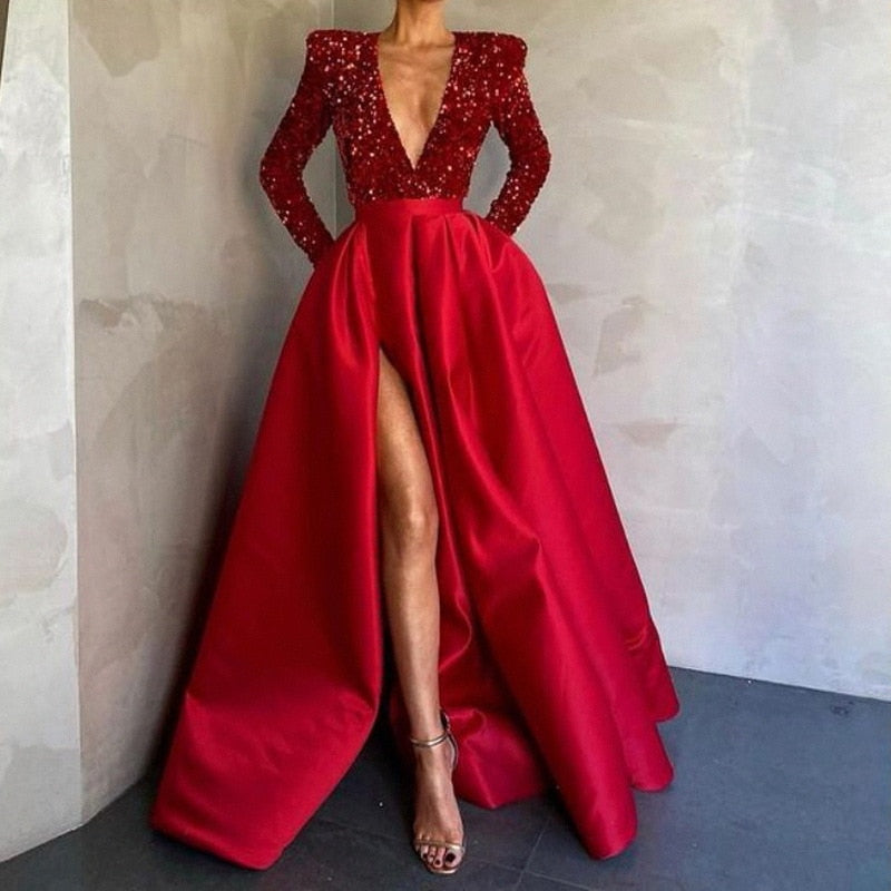 High Quality Sequined Long Sleeve Evening Dress