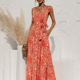 Boho V Neck Sleeveless Pocket Floral Maxi Dress