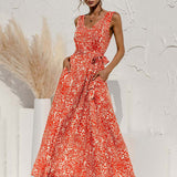 Boho V Neck Sleeveless Pocket Floral Maxi Dress