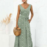 Boho V Neck Sleeveless Pocket Floral Maxi Dress