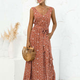 Boho V Neck Sleeveless Pocket Floral Maxi Dress