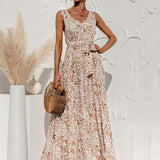 Boho V Neck Sleeveless Pocket Floral Maxi Dress