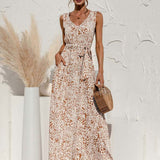 Boho V Neck Sleeveless Pocket Floral Maxi Dress