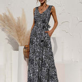 Boho V Neck Sleeveless Pocket Floral Maxi Dress