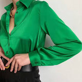 Elegant Long Sleeve Green Silk Blouse