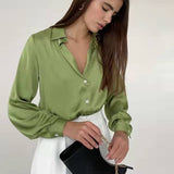 Elegant Long Sleeve Green Silk Blouse