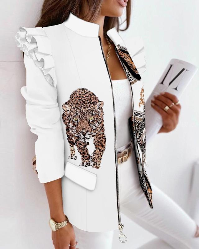 Ruffled Long-sleeved Zipper Printed Blazer
