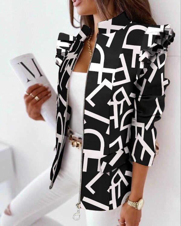 Ruffled Long-sleeved Zipper Printed Blazer