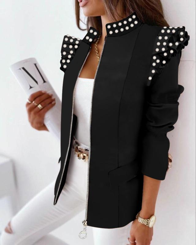 Ruffled Long-sleeved Zipper Printed Blazer