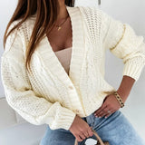 2025 Autumn New Women Cropped Cardigan V-neck Button Twist Knitted Tops Coat
