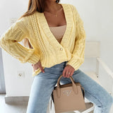 2025 Autumn New Women Cropped Cardigan V-neck Button Twist Knitted Tops Coat