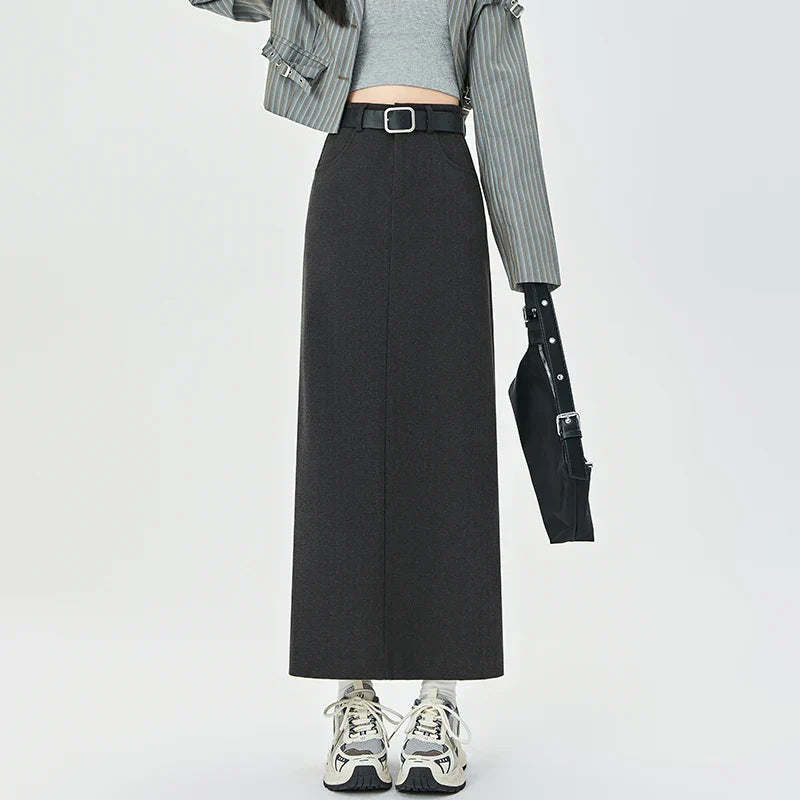 2025 New Autumn Winter Wool Blend Long Womens Fashion High Waist A-line Midi Ladies Elegant Woolen Skirt