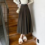 New Autumn Winter Woolen Women Long High Waist A-line Pleated Korean Style Ladeis Wool Midi Skirt
