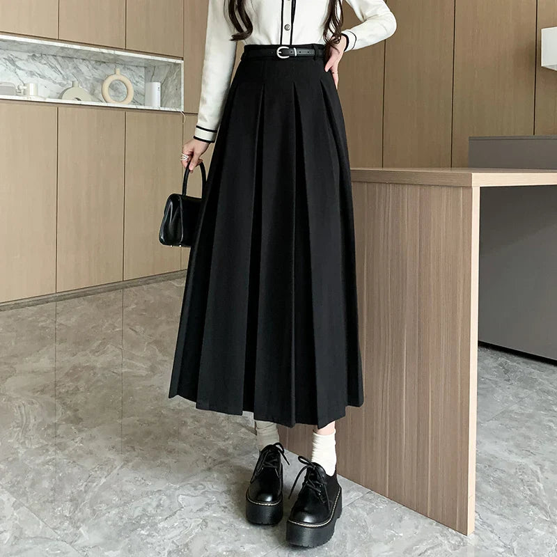 New Autumn Winter Woolen Women Long High Waist A-line Pleated Korean Style Ladeis Wool Midi Skirt