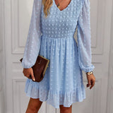 Hollow Solid Ruffles A-line V-neck Elastic Waist Mini Dress