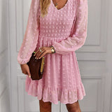 Hollow Solid Ruffles A-line V-neck Elastic Waist Mini Dress