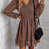 Hollow Solid Ruffles A-line V-neck Elastic Waist Mini Dress