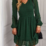 Hollow Solid Ruffles A-line V-neck Elastic Waist Mini Dress
