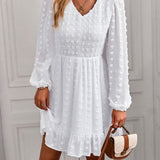 Hollow Solid Ruffles A-line V-neck Elastic Waist Mini Dress