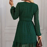 Hollow Solid Ruffles A-line V-neck Elastic Waist Mini Dress