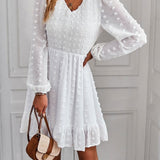 Hollow Solid Ruffles A-line V-neck Elastic Waist Mini Dress