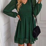 Hollow Solid Ruffles A-line V-neck Elastic Waist Mini Dress