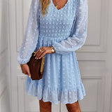 Hollow Solid Ruffles A-line V-neck Elastic Waist Mini Dress