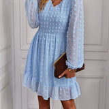 Hollow Solid Ruffles A-line V-neck Elastic Waist Mini Dress