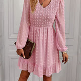 Hollow Solid Ruffles A-line V-neck Elastic Waist Mini Dress