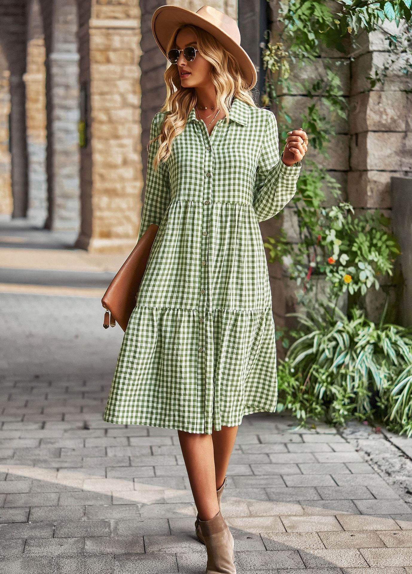 Plaid Print A-line Long Sleeve Shirt Dress