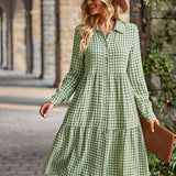 Plaid Print A-line Long Sleeve Shirt Dress