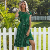 2025 New Summer Polka Dots Sleeveless Pleated For Women High Waist Elegant Office Green Lady Dinner Party Clothes Midi Dress